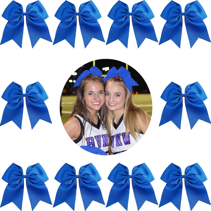 7 Jumbo Cheer Bow Big Hair Bows with Ponytail Holder Large Classic Accessories for Teens Women Girls Softball Cheerleader Sports Elastics Ties Handmade by Kenz Laurenz (10 pack 7 Cheer Bow Blue)
