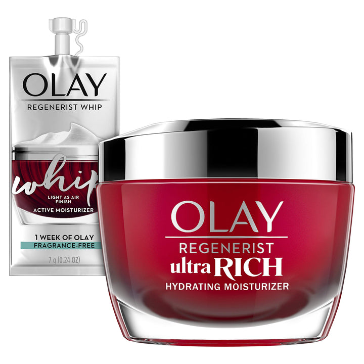 Olay Regenerist Ultra Rich Face Moisturizer with Amino Peptide, Vitamin B3+, & Shea Butter, 1.7 Oz + Whip Face Moisturizer Travel/Trial Size Gift Set