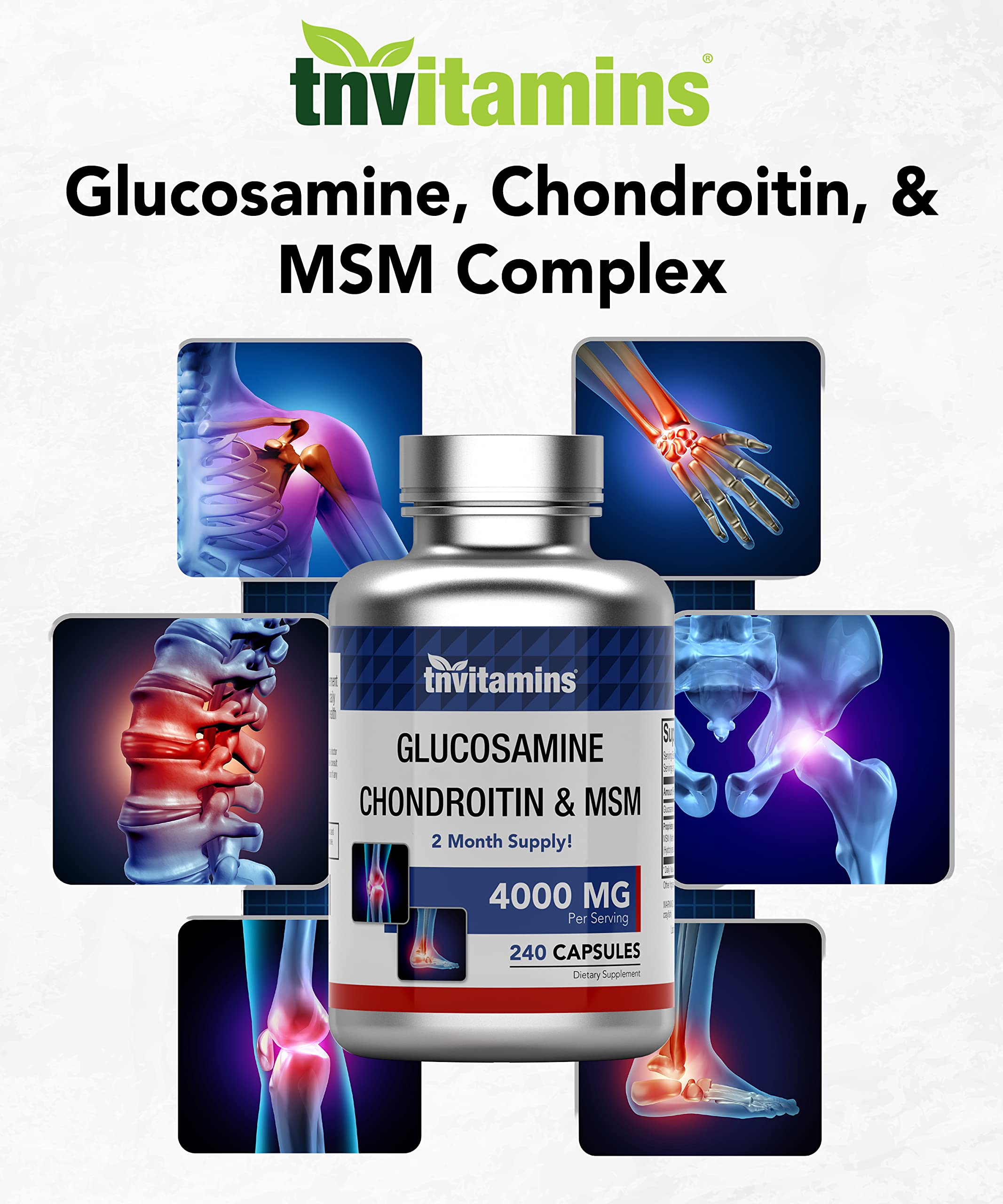 tnvitamins Glucosamine, Chondroitin, & MSM (4000 MG - 240 Capsules) for Men & Women | Joint Support Supplement Complex* | More Than Triple Strength! | Non-GMO | Produced in The USA