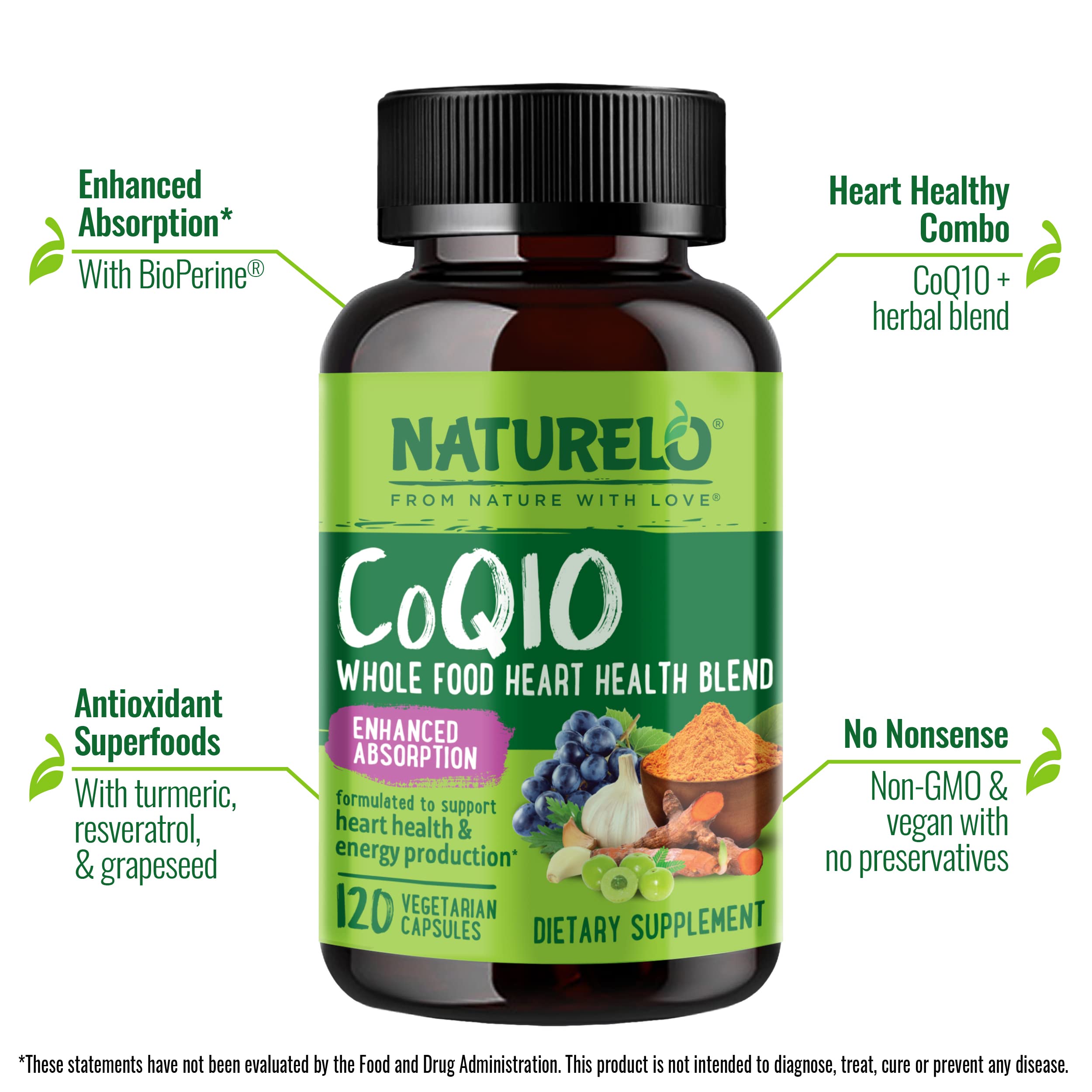 NATURELO Whole Food CoQ10 with Heart Health Blend, Powerful Antioxidant for Energy Production, 120 Capsules