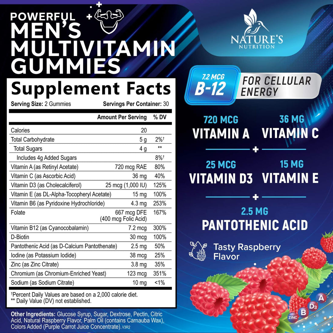 Men Multi Vitamin Gummy - Multi-Vitamin for Men Daily Nutritional Support with Vitamins A, C, D, E, B12, Zinc, Folate, Biotin & More - Energy, Memory, Focus & Immune Health Support - 60 Gummies