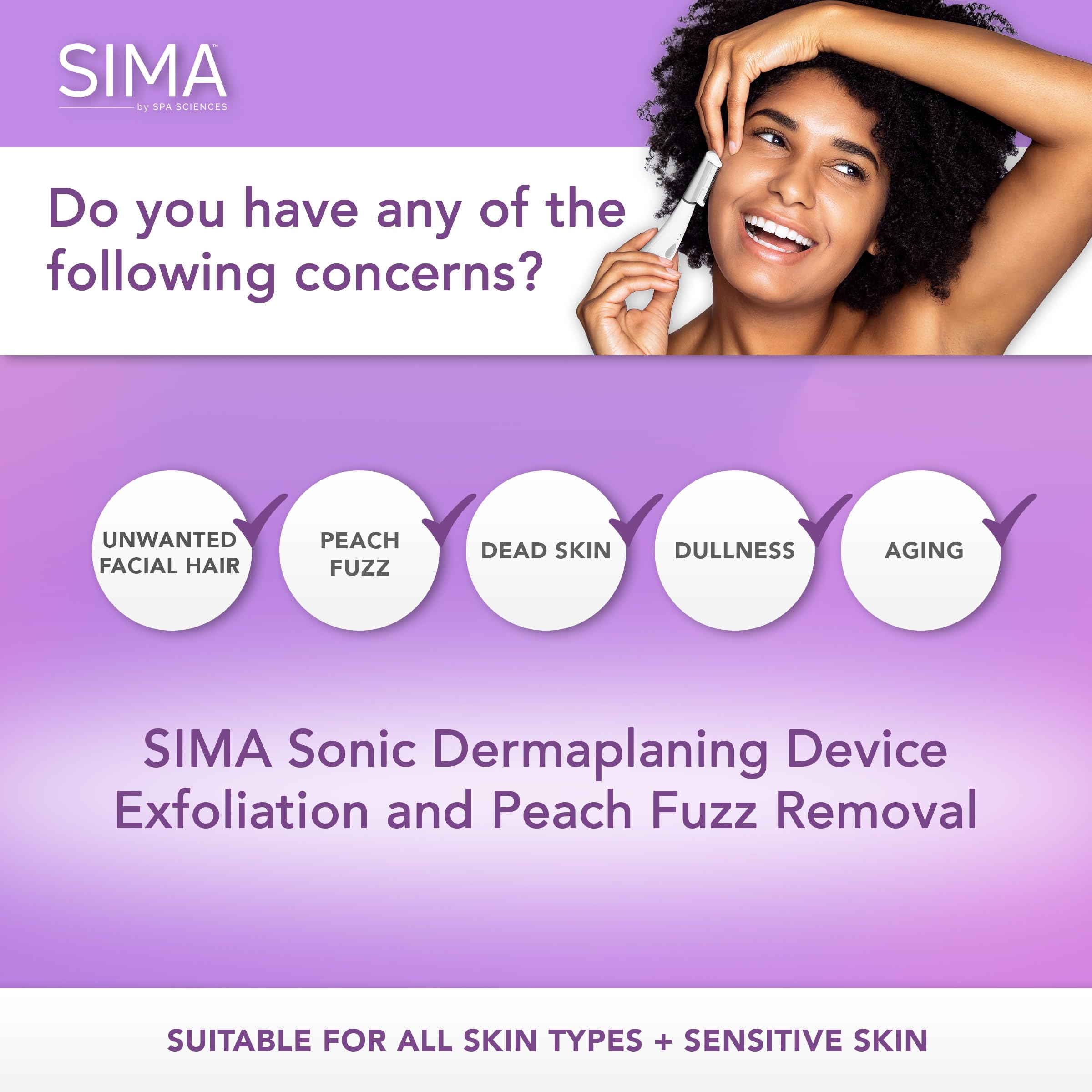 Spa Sciences SIMA Sonic Dermaplaning Tool-Professional & Painless 2 in 1 Facial Exfoliation & Peach Fuzz-Hair Removal System w/ 7 Weeks Treatment Included|Anti-Aging|3 Speeds|Rechargeable