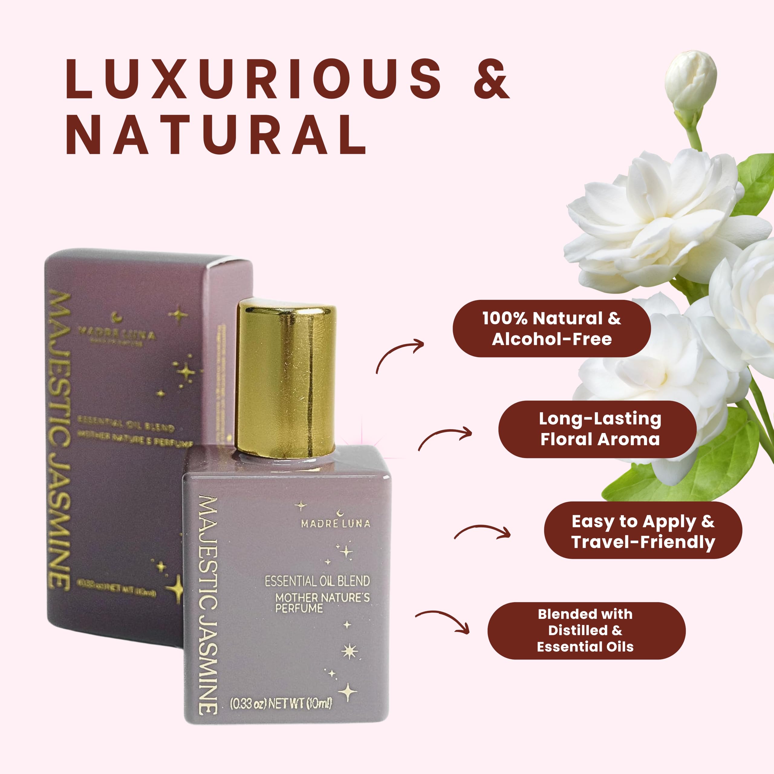 MADRE LUNA AYURVEDIC SKIN CARE, Majestic Jasmine Roll-On Natural Perfume for Women - Long-Lasting & Alcohol-Free Fragrance with Destilated Oils, Natural Scent, 10 ml | Floral & Elegant