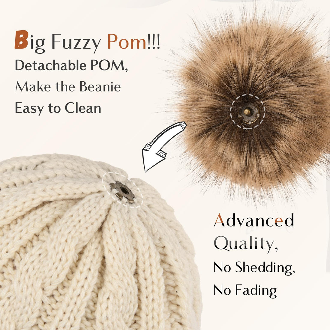 YANIBEST Winter Hats for Women Satin Lined Knitted Beanie Hat Warm Soft Ski Cuff Cap with Pom Pom Beige