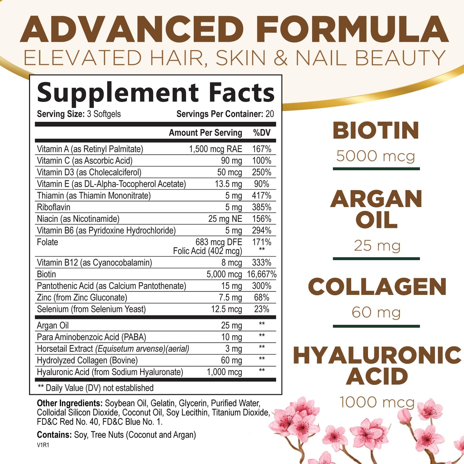 Hair Vitamins Women, Ultra Strength 5000mcg Biotin, Collagen, PABA & More - Womens Hair Growth, Skin, Nails & Keratin Support Supplement, Infused w/ Argan Oil & Hyaluronic Acid, Non-GMO - 60 Softgels