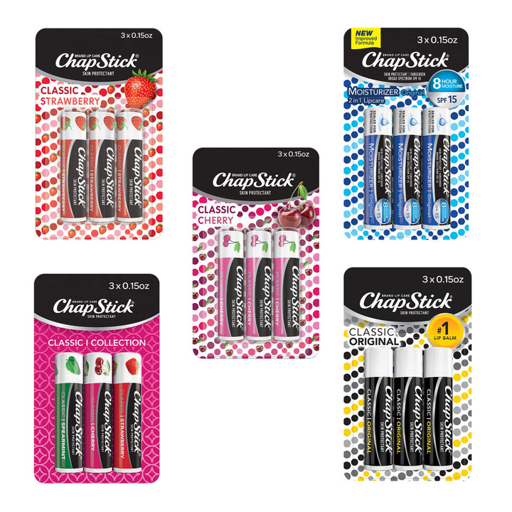 Classic Collection, Classic Lip Balm Collection: Chapstick Classic Collection Lip Balm Pack (5 Triple Packs - 15 Total Sticks), Original, Cherry, Strawberry & Lip Moisturizer - G