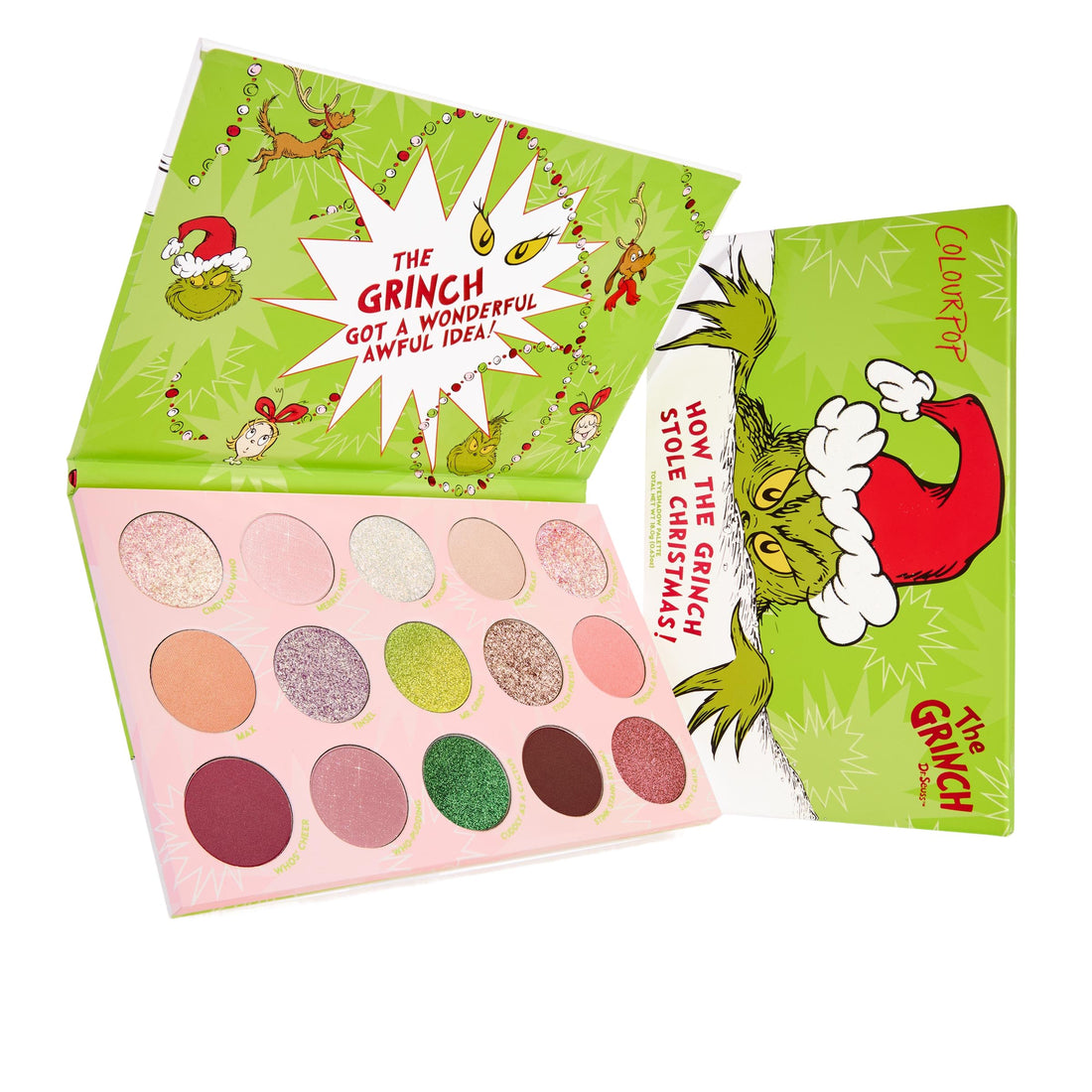 ColourPop x The Grinch How The Grinch Stole Christmas Eyeshadow Palette - Limited Edition 15 Pan Eye Makeup Palette with 5 Buildable & Blendable Finishes - High-Pigment, Long Lasting Formula (0.63 oz)