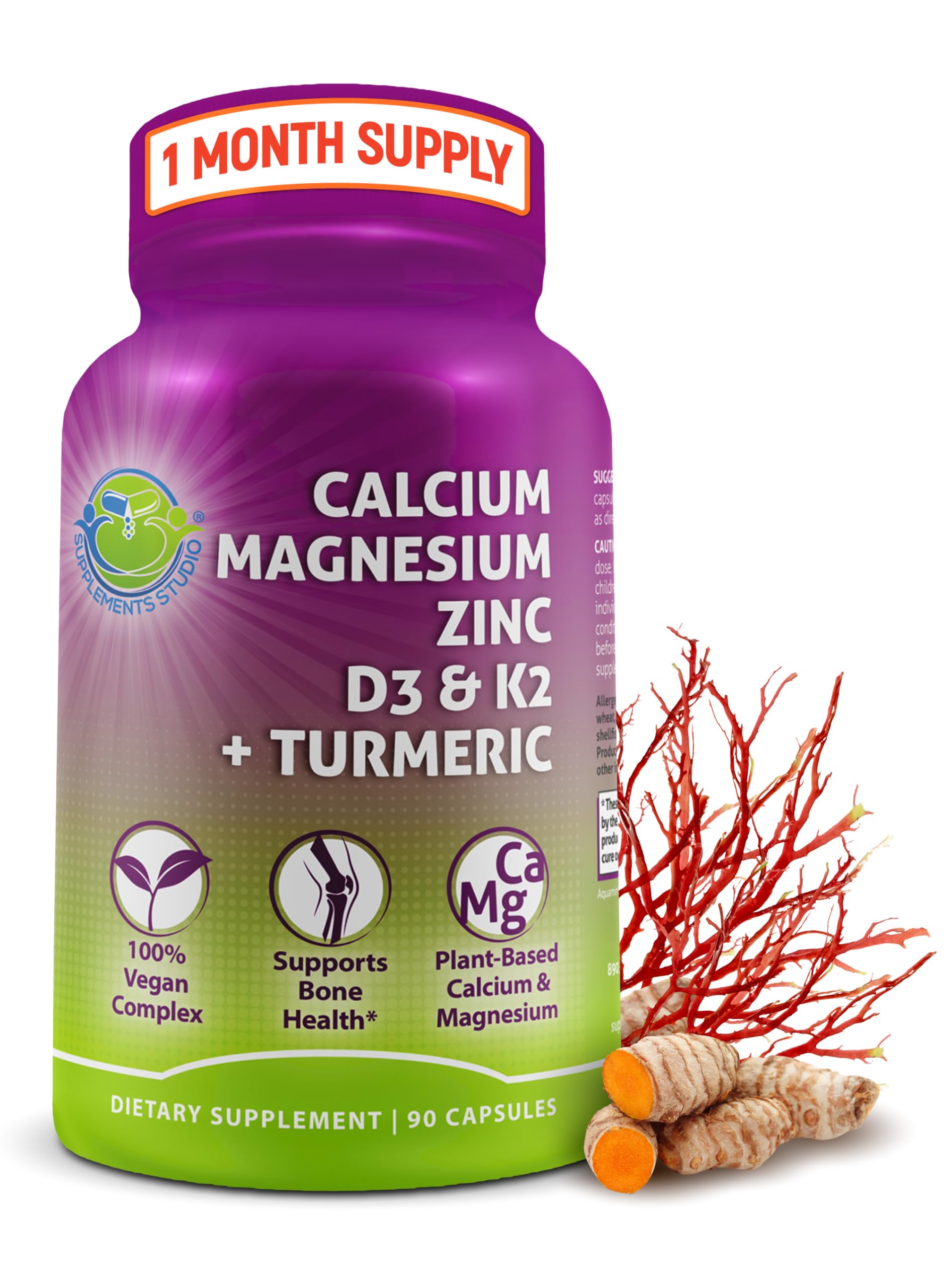 Plant-Based Calcium 500mg (Aquamin) – Vegan Calcium Magnesium Zinc D3 with Vitamin K2 & Organic Turmeric – Enhanced Bone and Muscle Health & Strength, Immune Support for Women & Men - 90 Count