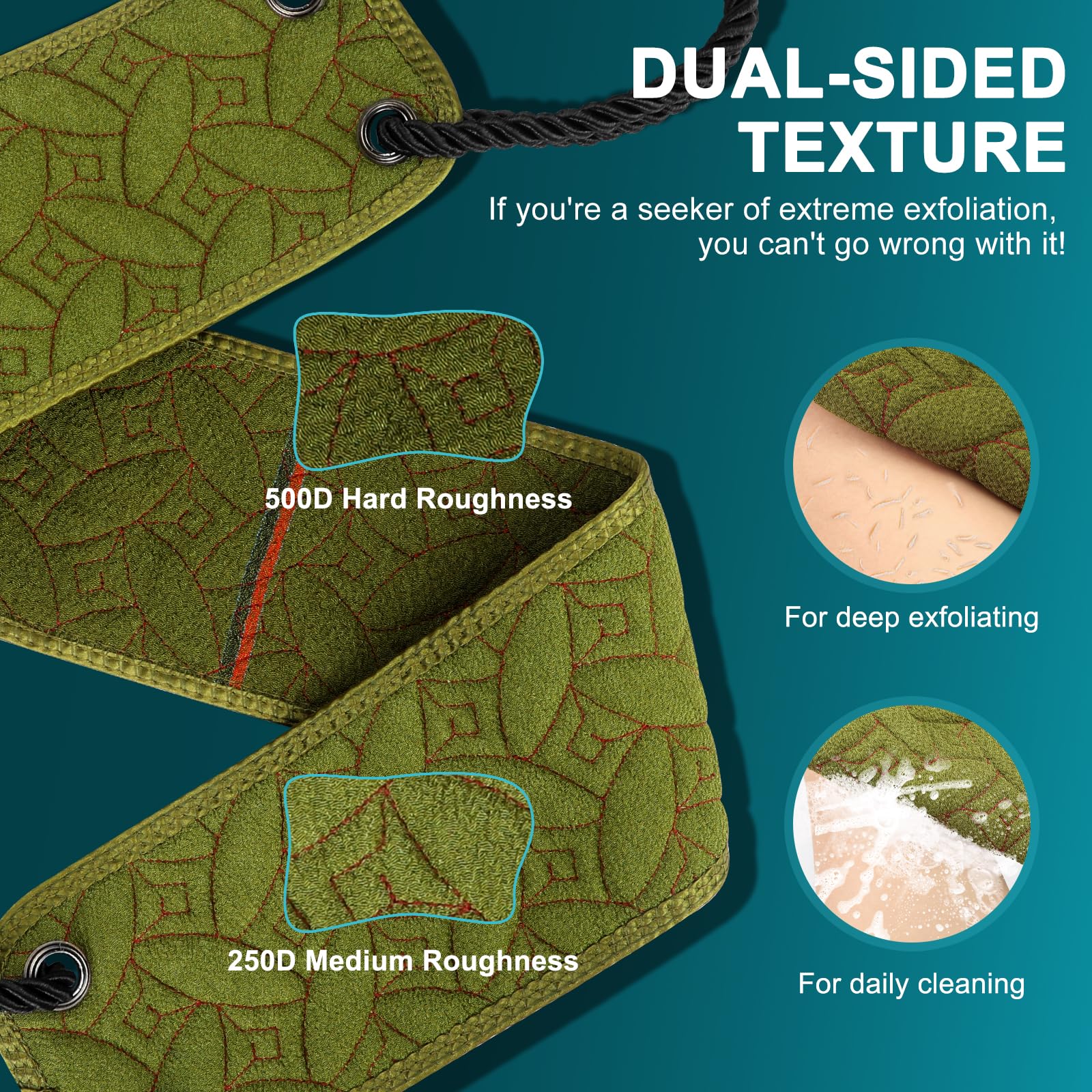 dodiff Exfoliating Back Scrubber for Use in Shower, 38.5 Inch Back Washer with Handles, Dual-Sided Body Exfoliator for Daily & Deep Skin Cleaning, Bath Back Scrub Washcloth for Men & Women (Green)