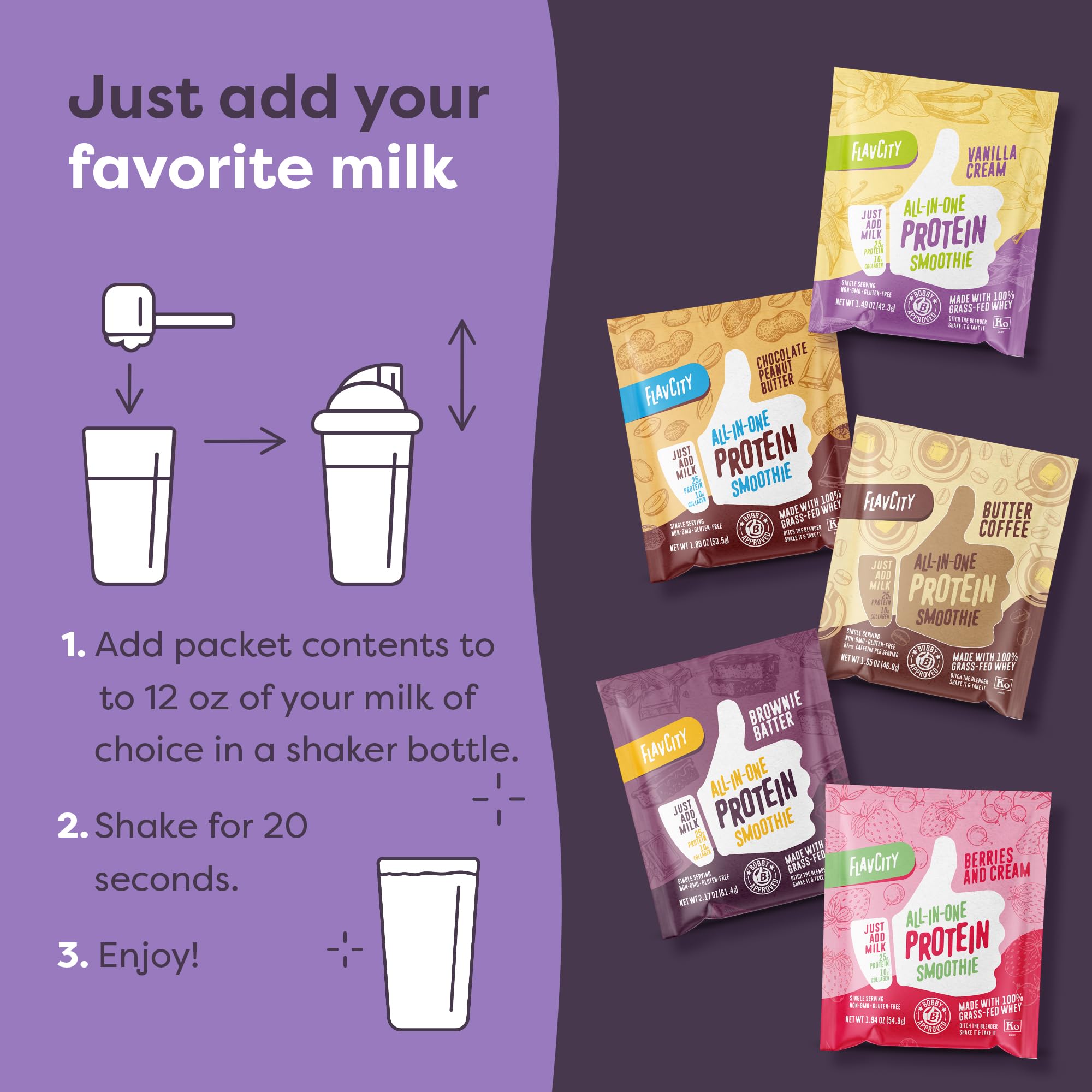 FlavCity All-in-One Protein Smoothie Powder, Variety Pack (5 Single Serve Packets) - 100% Grass-Fed Whey Protein Powder with 25g Protein & 10g Collagen - Gluten-Free Pre Workout & Post Workout Drink