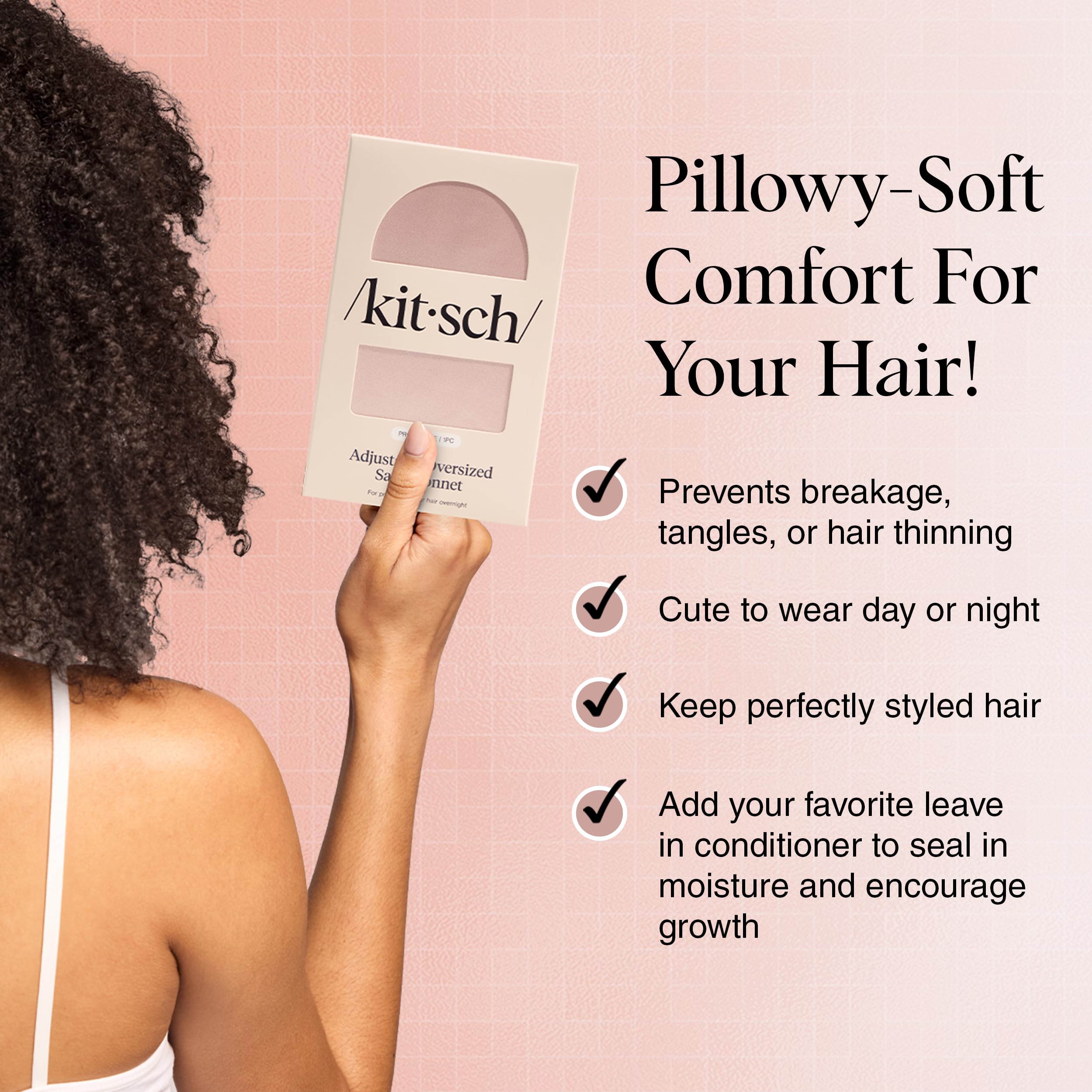 Kitsch XL Satin Bonnet for Sleeping - Softer Than Silk Hair Bonnet For Women - Secure Fit, Adjustable Night Cap For Curly & Textured Hair - Prevents Breakage, Tangles & Thinning - Blush