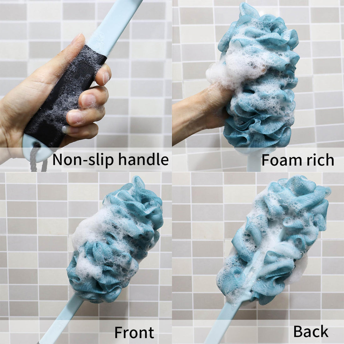 Back Scrubber for Shower, Loofah Long Handle Bath Body Brush, Soft Nylon Mesh Sponge On a Stick for Shower Men Women Kids Elderly, Exfoliating Scrub Cleaning Luffa for All Kinds of Skin (Blue)