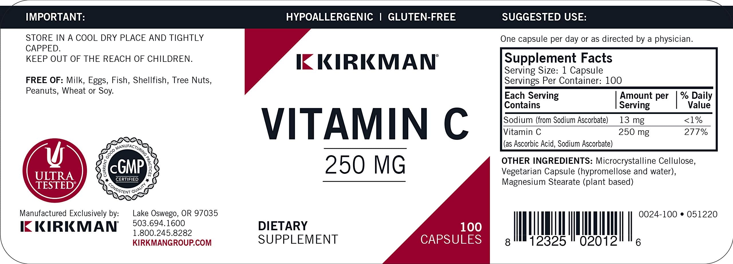 Kirkman Vitamin C 250 mg 100-count