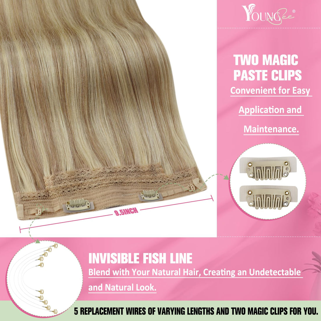 YoungSee Hair Extensions Wire Human Hair Dark Ash Brown Highlight with Golden Blonde Wire Hair Extensions Human Hair Highlight Hair Extensions with Clips in Wire Real Hair 16in 80g