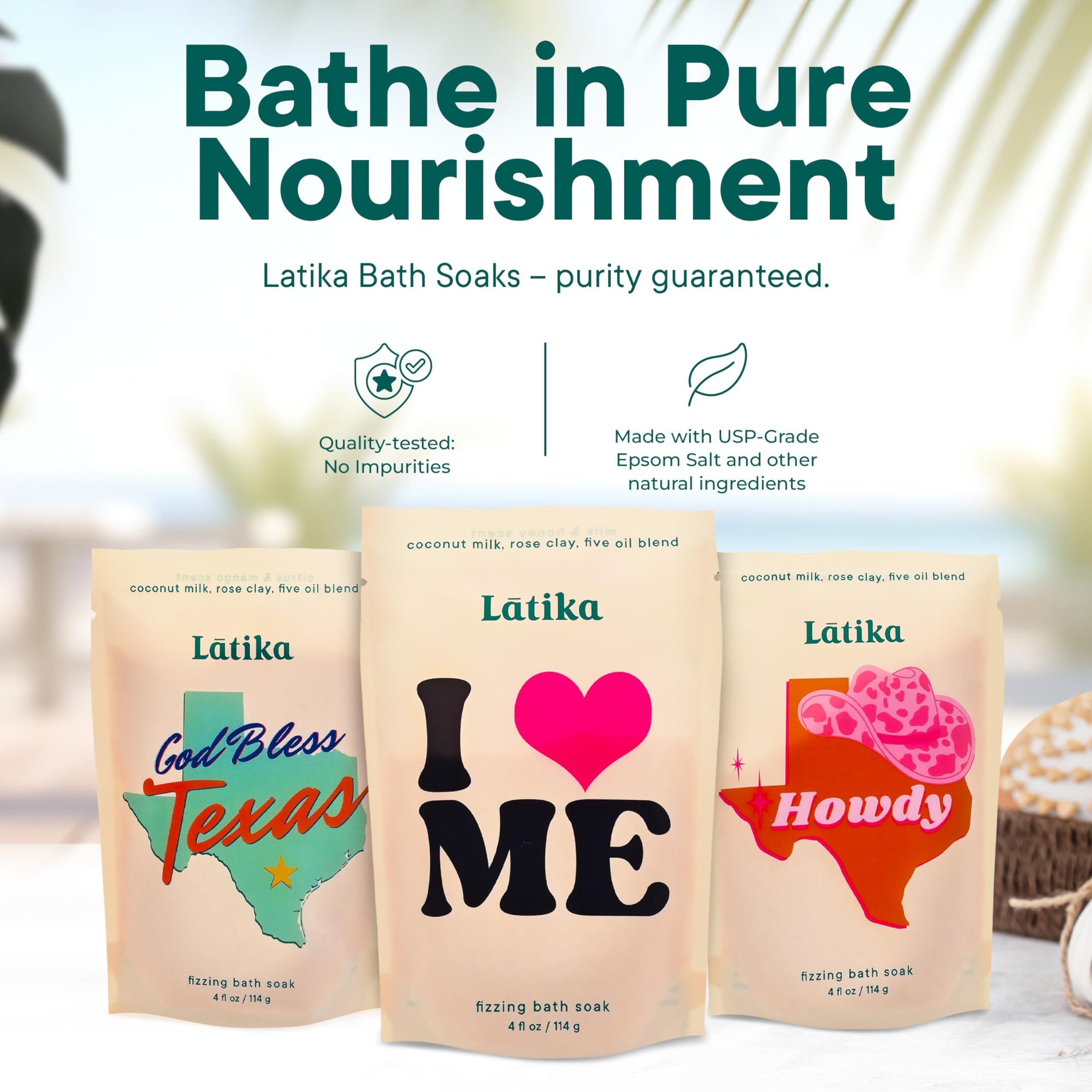 Latika Bath Soaks Set of 3 - Texas, Howdy, I Heart Me - Moisturizing Fizzing Bath Soak for Stress Relief & Muscle Recovery with Essential Oils, Epsom Salt & Natural Scents - Self-Care Spa Gift