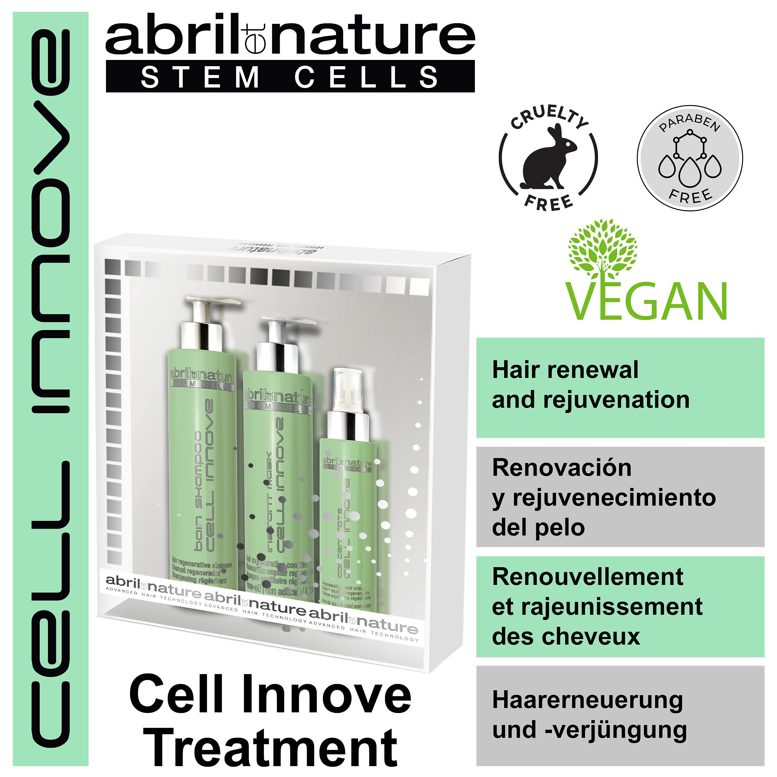 abril et nature - Professional Rejuvenating Hair Care Set - Cell Innove - Shampoo, Mask, and Serum Pack - With Plant Stem Cells - Regenerates and Rejuvenates - 550 ml