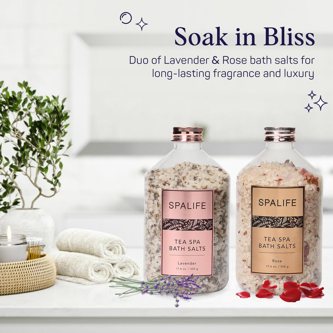 SpaLife Tea Spa Petal-Infused Effervescent Mineral Bath Salts - Lavender & Rose, 2-Pack 17.6 oz. ea for Relaxing Aromatherapy and Soothing Soaks