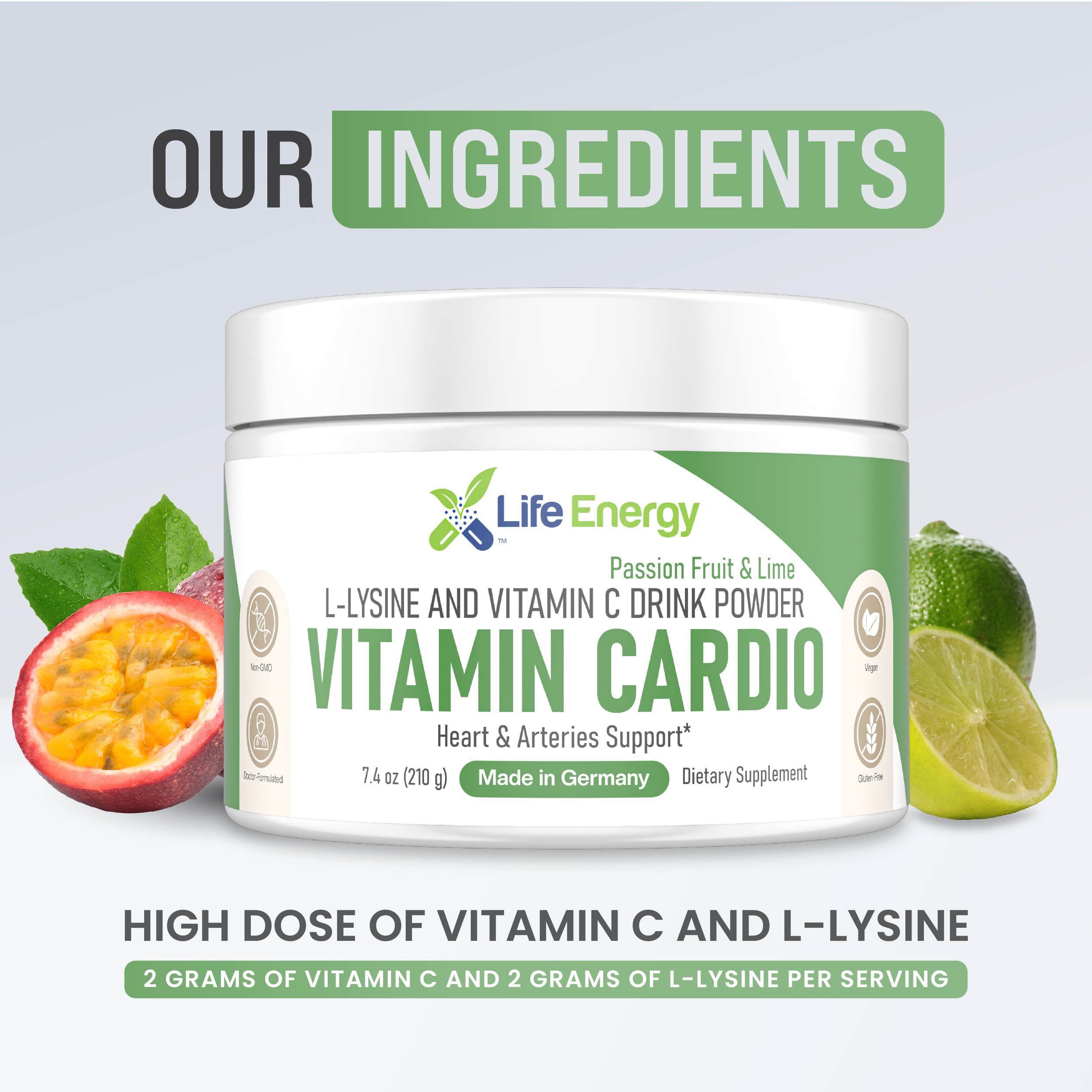 Life Energy Vitamin Cardio - High-Dosed Vitamin C & Lysine Drink Powder - Heart & Arteries Support