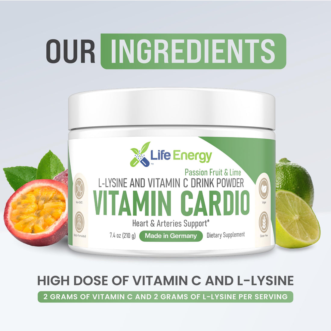 Life Energy Vitamin Cardio - High-Dosed Vitamin C & Lysine Drink Powder - Heart & Arteries Support