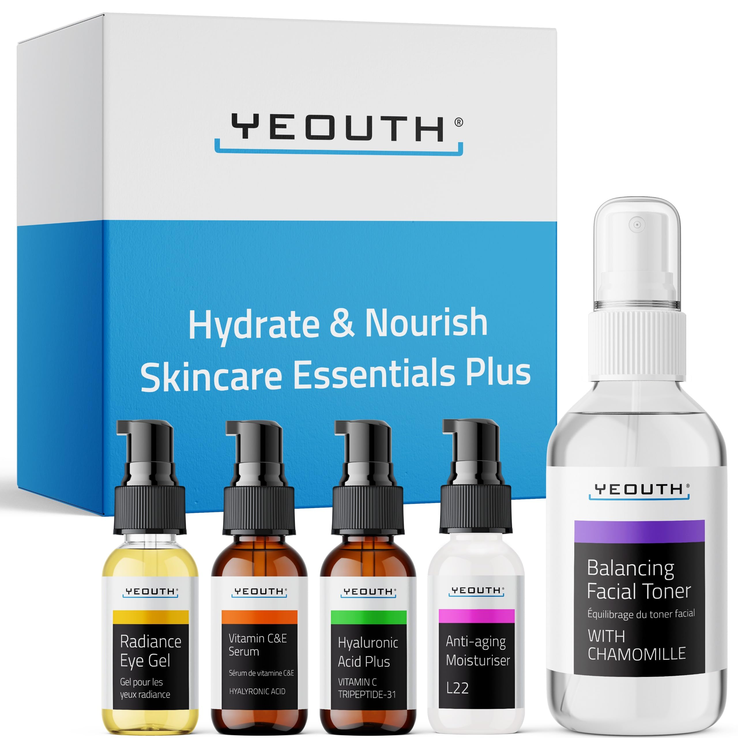 Best Complete Anti-Aging Skin Care System, YEOUTH Deluxe 5 Pack - Balancing Facial Toner*Vitamin C & E Serum*Hyaluronic Acid Plus*Radiance Eye Gel*L22 Patented Moisturizer-100% Money Back Guarantee