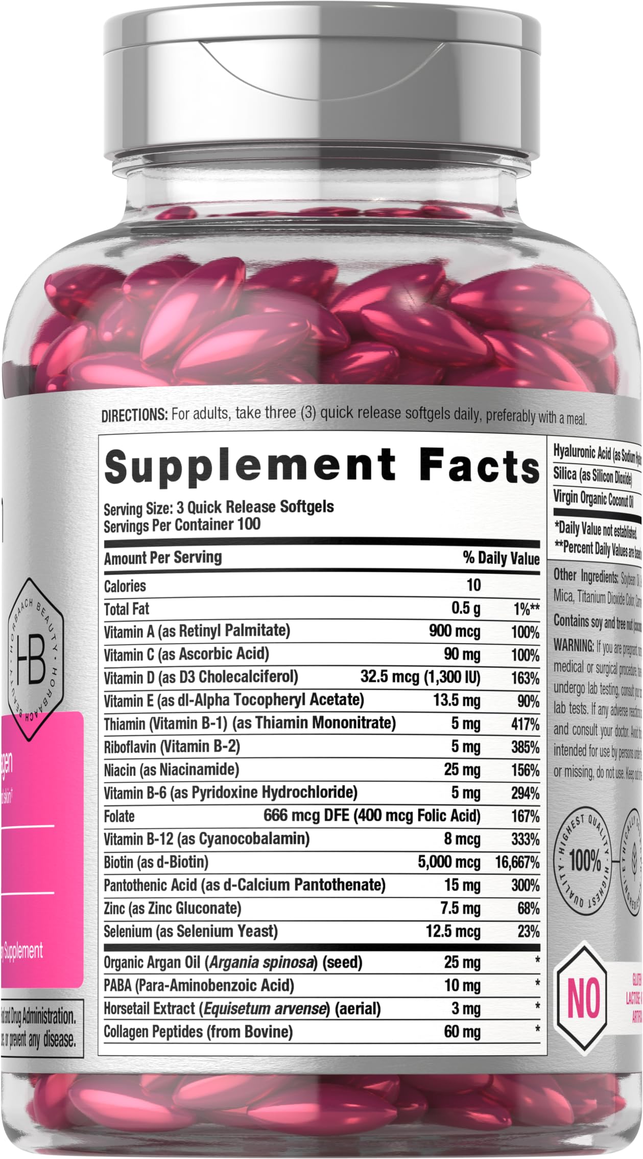 Horbäach Hair Skin and Nails Vitamins | 300 Softgels | with Biotin and Collagen | Infused with Argan Oil and Coconut Oil | Non-GMO, Gluten Free Supplement