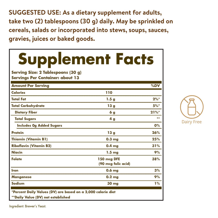 Solgar Brewer's Yeast Powder, 14 oz - Rich Source of Amino Acids, B-Complex Vitamins, Minerals, & Protein - Natural, Unflavored, Unsweetened - Dairy Free, Vegetarian - 13 Servings (Packaging may vary)