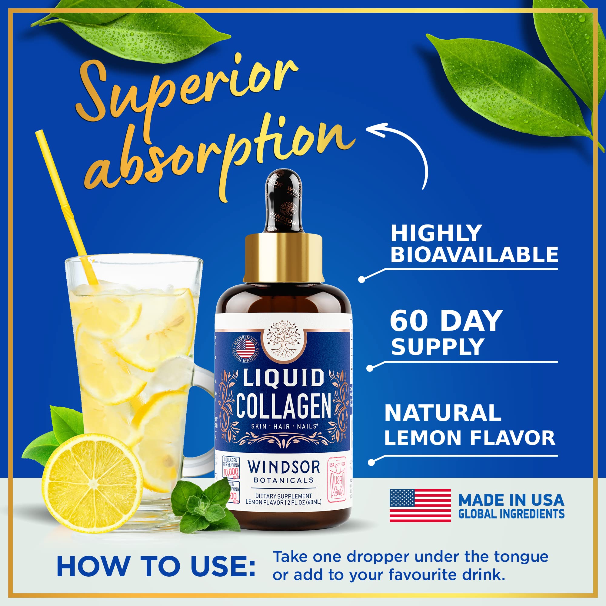 WINDSOR BOTANICALS Liquid Collagen for Women and Men - Hair, Skin, Nails Vitamins - Lemon Flavor Collagen Peptides Hair Growth Drink - 5,000mcg Biotin, 10,000mcg - US Made - 2x2oz