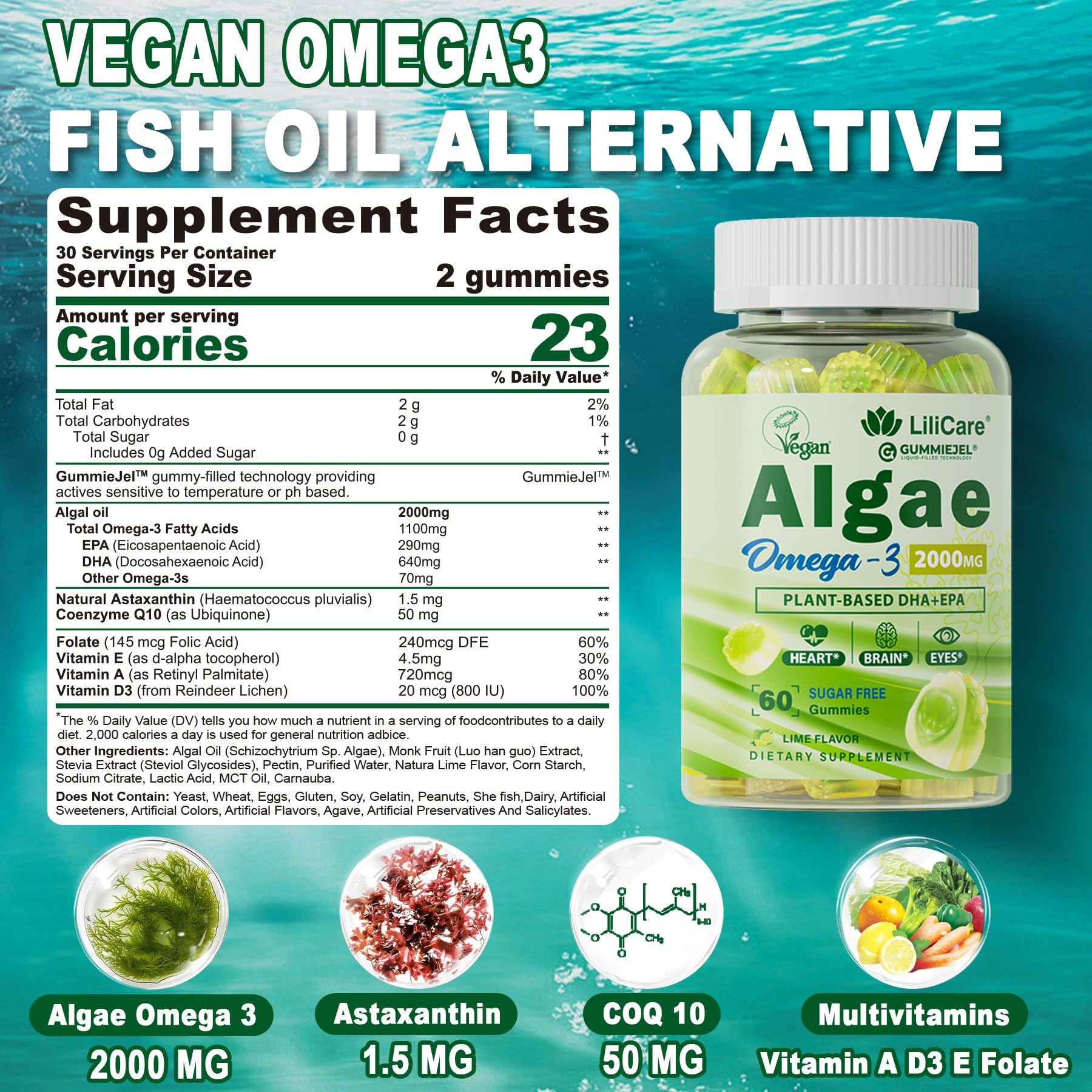 Vegan Omega 3 Supplement Gummies 1100mg, Algae DHA 640mg & EPA 290mg from Marine, with CoQ10, Astaxanthin, Vitamin E, A, D3 for Brain, Eye, Bone, Fish Oil Supplements, Sugar Free 60 Counts