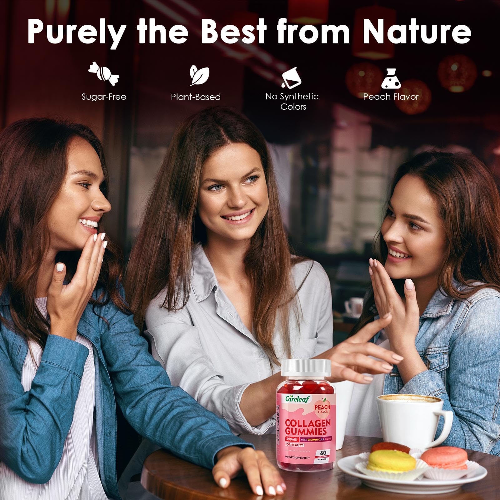 careleaf Sugar Free Collagen Gummies with Vitamin C Vitamin E Support Natural Collagen Production, Healthy Hair, Nails and Bones,Peach Flavor,60 Gummies for 30 Days Supply