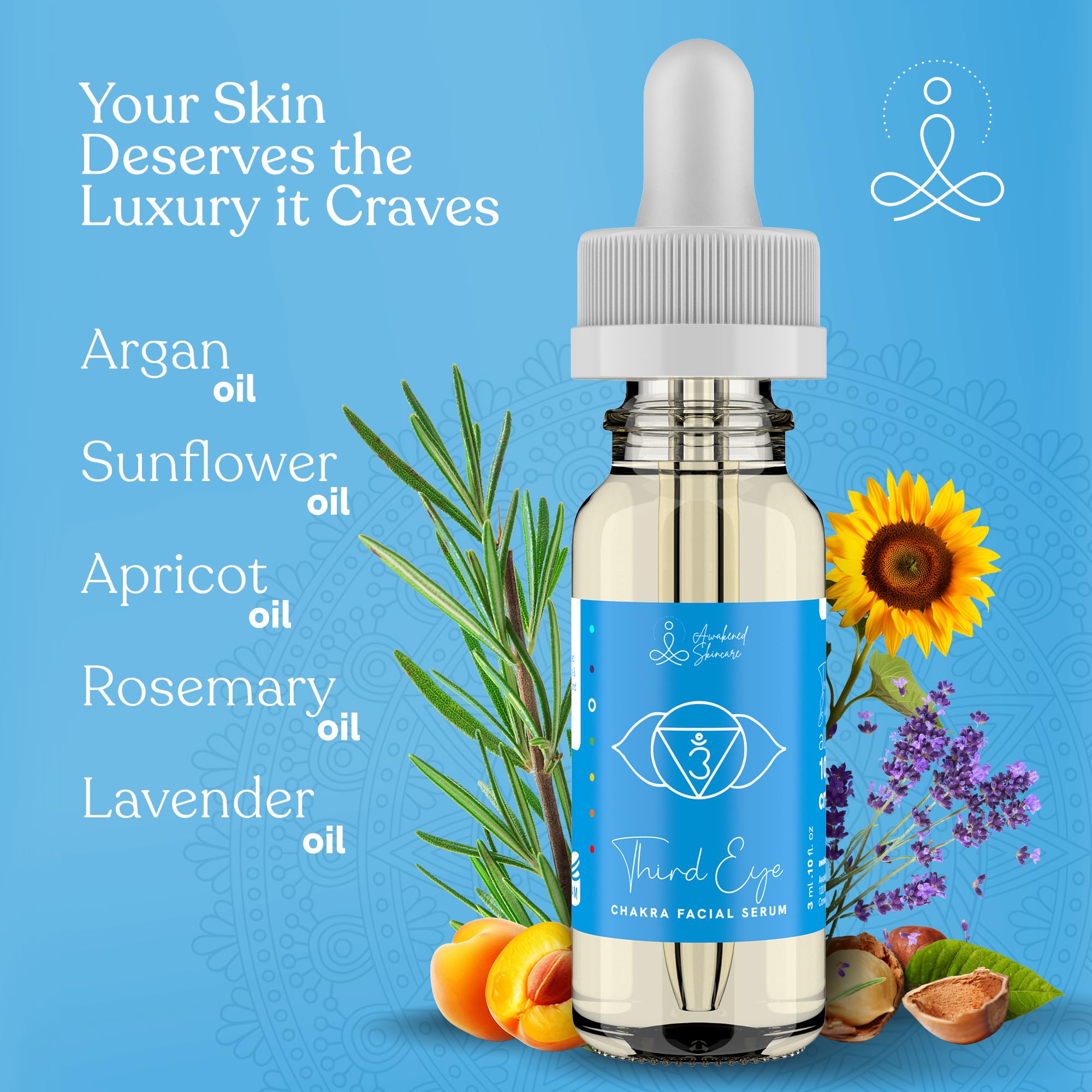 Third Eye Chakra Facial Serum Essential Oil Blend, Natural & Organic Moisturizing Serum for Face with Sunflower, Argan, Apricot, Rosemary, Lavender Oils for Spiritual Journey, Peace, Deeper Connection