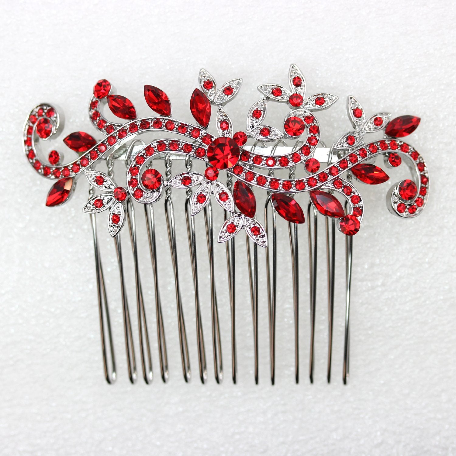 Faship Hair Comb Red Rhinestone Crystal Floral