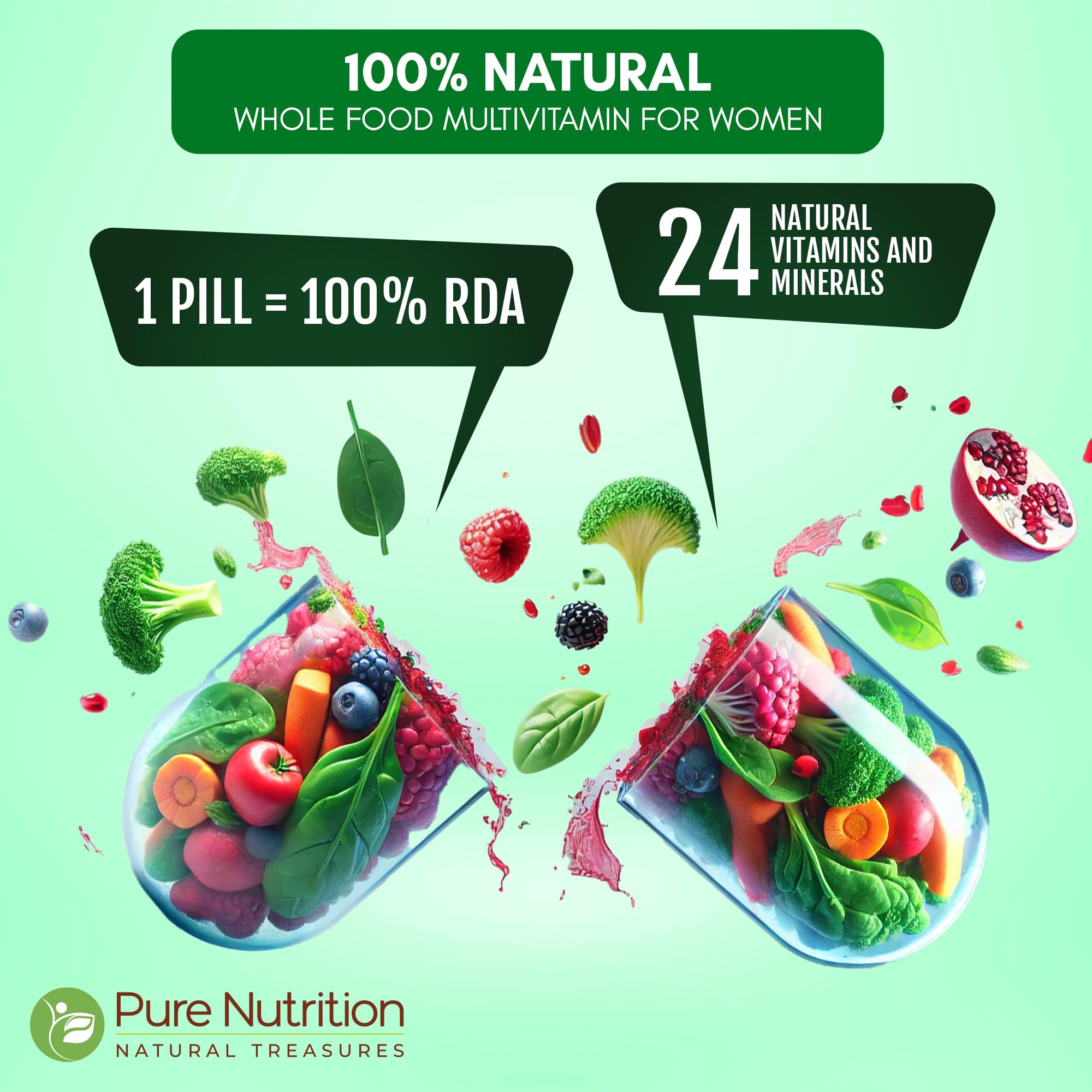 Pure Nutrition Whole Food Multivitamins for Women 1500mg. All Natural Plant-Based Multivitamin - Non GMO | Once Daily | 90 Tablets - 3 Months Supply