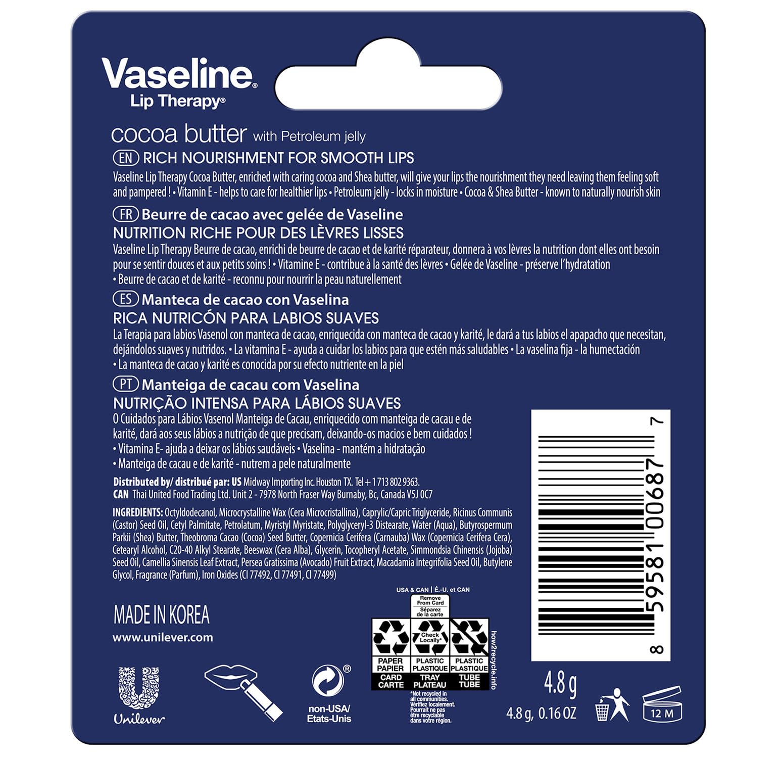 Vaseline Lip Therapy Cocoa Butter Lip Balm, 6 Pack