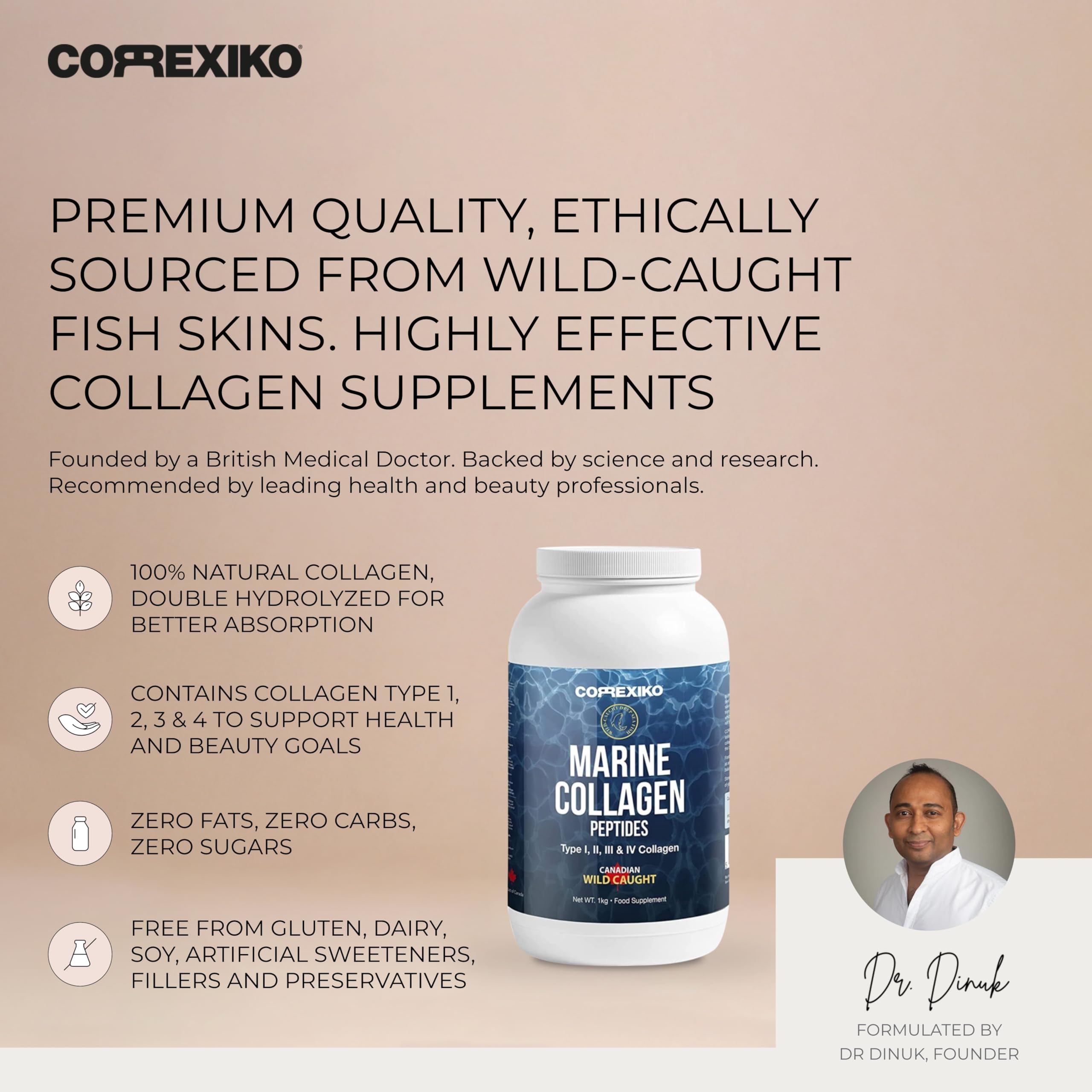 CORREXIKO Marine Collagen Powder Supplement Unflavored - 10,000mg Double Hydrolyzed Collagen Peptides per Serving - Formulated for Maximum Absorption - Hair, Skin & Nails - 1kg, 100 Servings