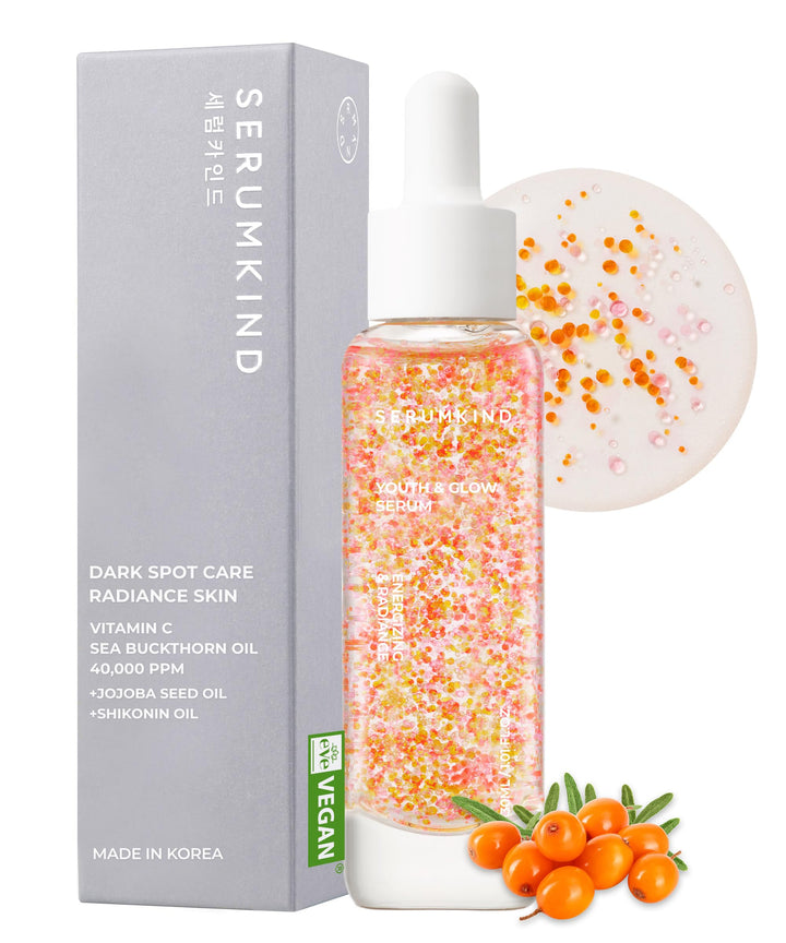 SERUMKIND Vitamin C Serum for Korean Face Skincare - Brightening for Dark Spots, Pore Refining, Discoloration Correcting - Contains Sea Buckthorn Oil (40,000 ppm) - Reduces Fine Lines and Wrinkles