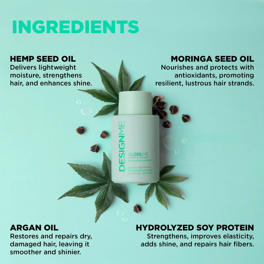 Design.Me GLOSS.ME Hydrating Shampoo | With Hemp & Argan Oil | Adds Softness & Shine | Straight, Wavy, or Curly Hair Shampoo | Sulfate-Free & Color-Safe Moisturizing Shampoo for Dry Hair, 10 Fl Oz