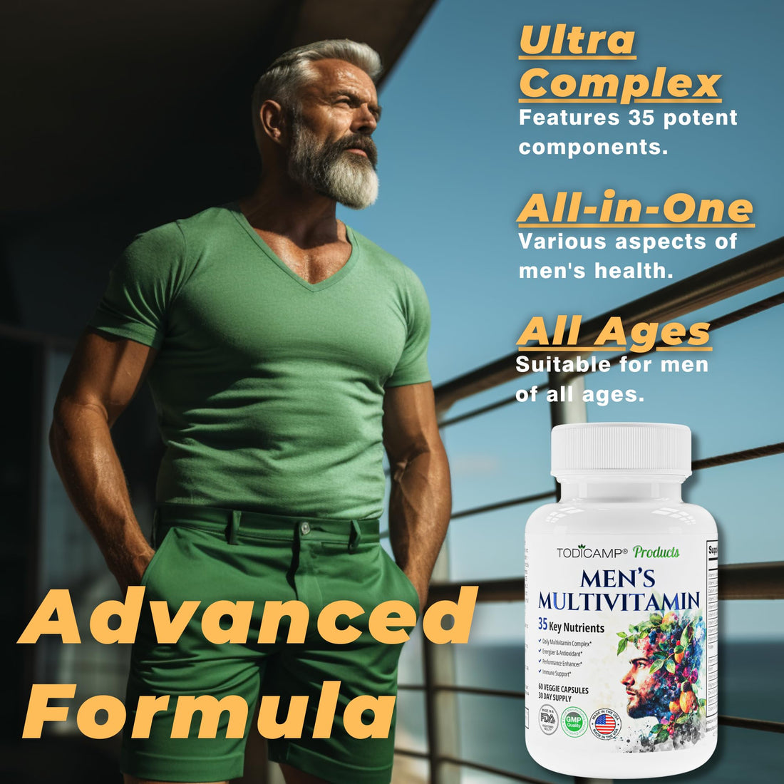 TODICAMP Men's Multivitamin & Mineral Complex with Plant-Based Extracts - Multivitamin for Men Improves Overall Health, Antioxidant & Natural Body Support - 60 Capsules - 30 Day Supply