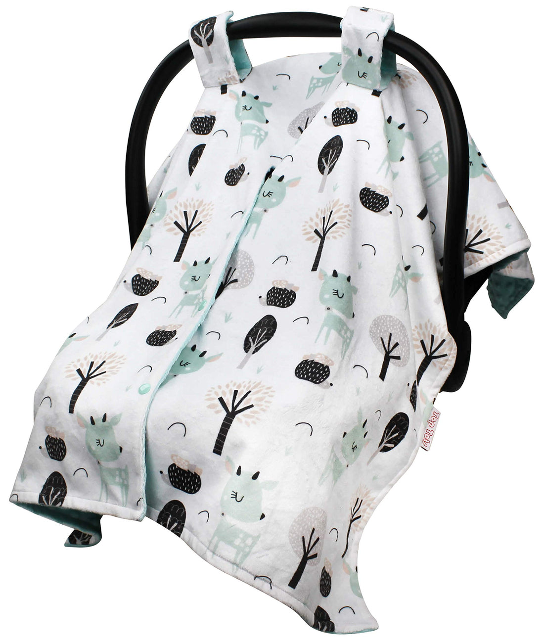 Baby Car Seat Canopy Cover - Seafoam Baby Deer and Trees with Aqua Blue Minky Dot