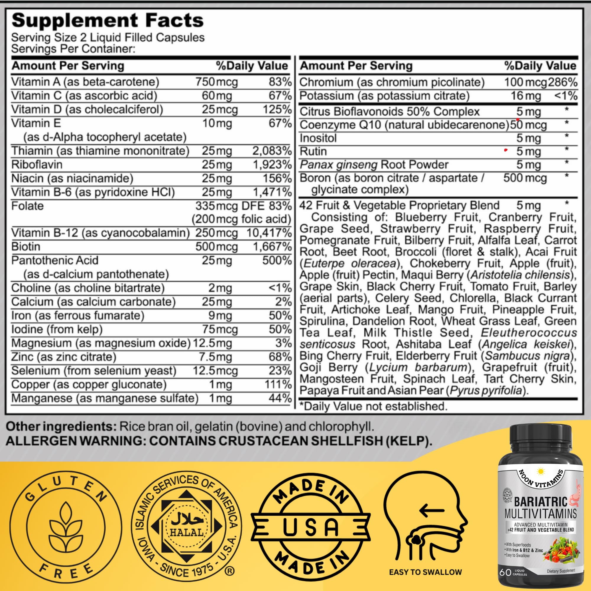 Bariatric Multivitamin with Iron for Women & Men - All-in-One 42 Superfood Blend for Energy & Immune Support - Post-Surgery Recovery, Easy-to-Swallow, Halal, Made in USA (60 Capsules)