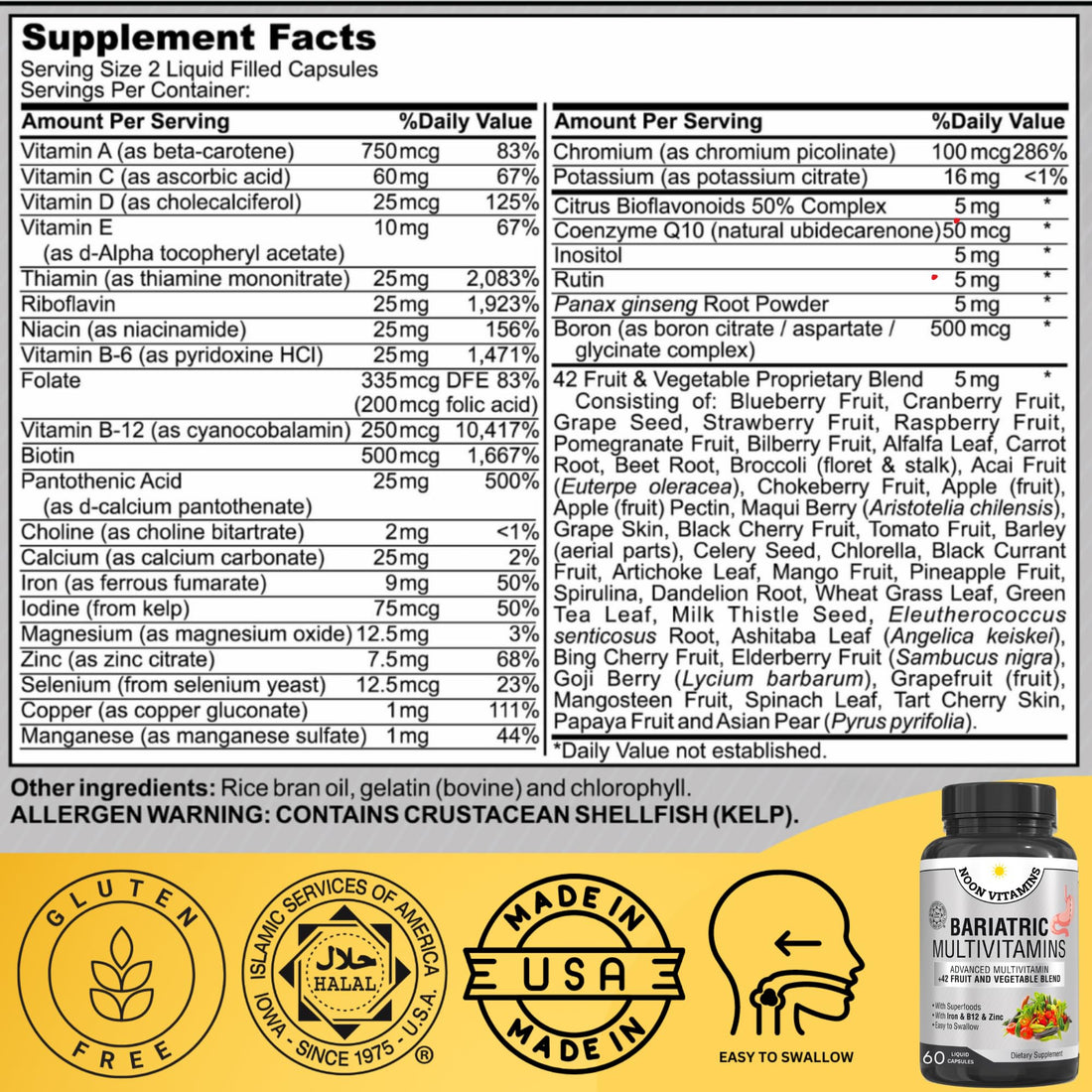 Bariatric Multivitamin with Iron for Women & Men - All-in-One 42 Superfood Blend for Energy & Immune Support - Post-Surgery Recovery, Easy-to-Swallow, Halal, Made in USA (60 Capsules)