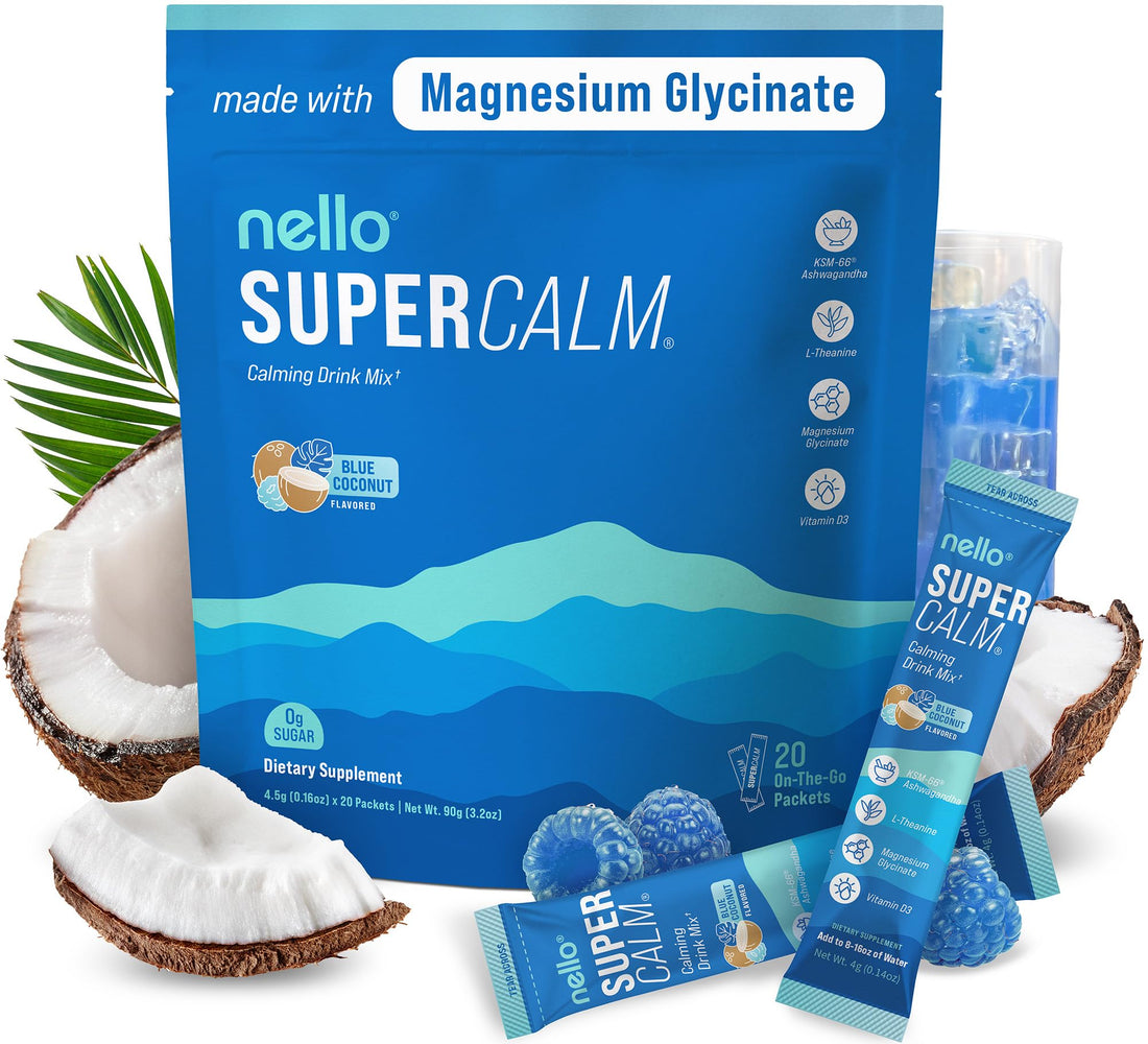 Nello Supercalm Powdered Drink Mix, Blue Coconut, L Theanine, Ksm-66 Ashwagandha, Magnesium Glycinate, Vitamin D 3, Supplements for Relaxation & Focus, No Sugar, Non GMO, On The Go, 20 Srvgs