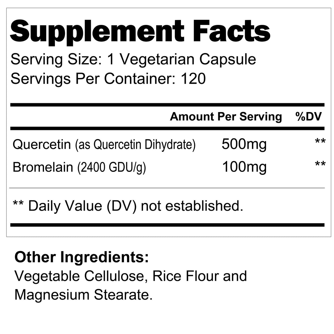 Quercetin 500mg with Bromelain 100mg 120 Vegetarian Capsules | Natural Antioxidant Supplement | Relief Complex | Dihydrate Pure Powder Extract Cap 500 mg Plus