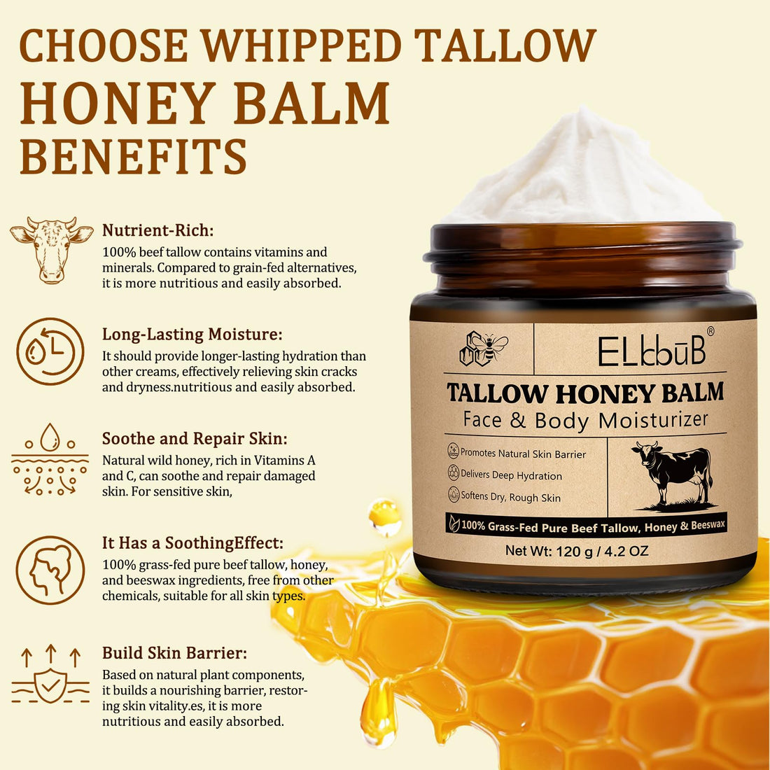 ELBBUB Whipped Tallow Cream for Face & Body - 100% Grass-Fed Beef Tallow, Natural Honey & Beeswax Moisturizer, Deep Hydration & Nourishment, Oil-Free & Unscented, Fast Absorbing