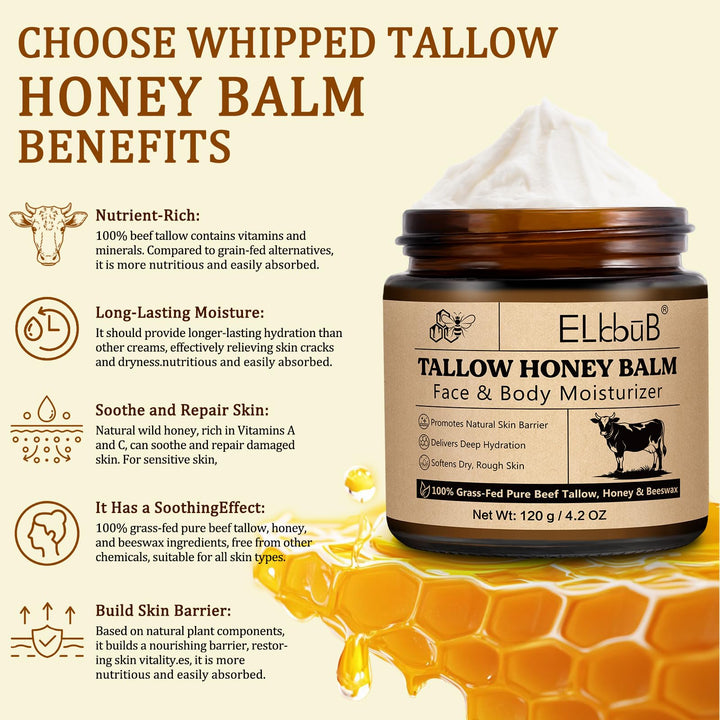ELBBUB Whipped Tallow Cream for Face & Body - 100% Grass-Fed Beef Tallow, Natural Honey & Beeswax Moisturizer, Deep Hydration & Nourishment, Oil-Free & Unscented, Fast Absorbing