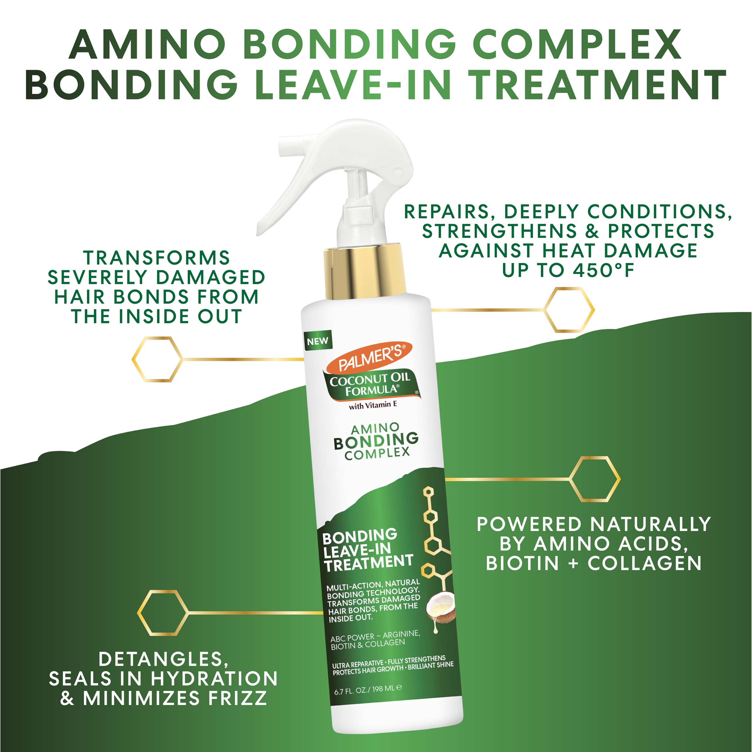 Palmer's Amino Bonding Complex Hair Treatment, Leave-In Conditioner Spray with Coconut Oil & Vitamin E, Heat Protectant, Anti Frizz, Strengthens & Protects Hair Growth, All Hair Types, 6.7 fl. oz
