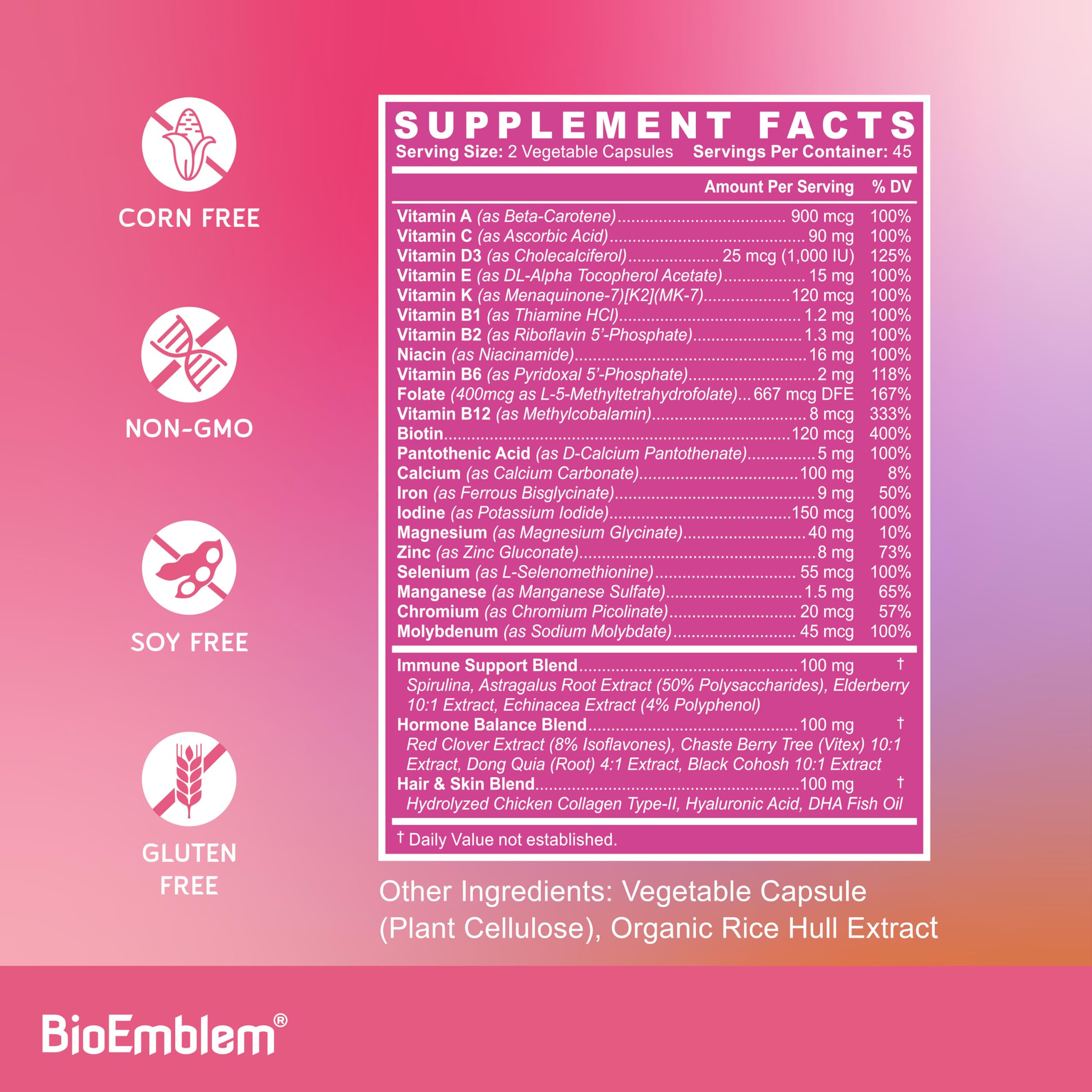BioEmblem Women's Multivitamin - Complete Daily Multi for Immunity, Energy, Hair, Skin with Vitamin A, B12, B6, D3, Biotin, Iron, Magnesium, Collagen and Veggie Blends - Gluten Free - 90 Capsules