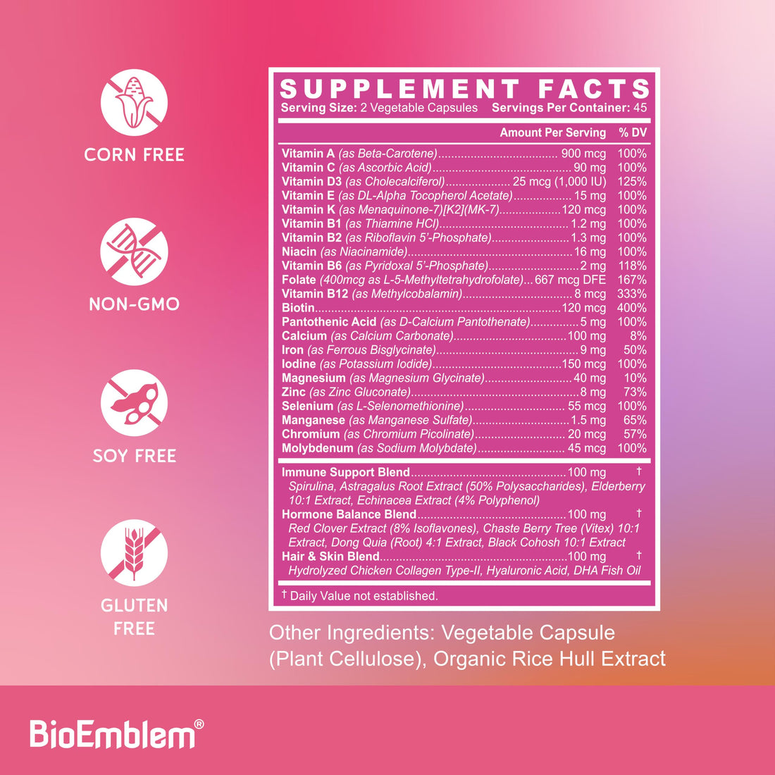 BioEmblem Women's Multivitamin - Complete Daily Multi for Immunity, Energy, Hair, Skin with Vitamin A, B12, B6, D3, Biotin, Iron, Magnesium, Collagen and Veggie Blends - Gluten Free - 90 Capsules