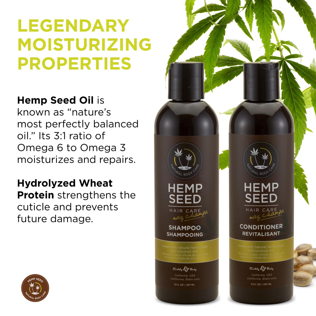 Hemp Seed Hair Care Shampoo + Conditioner, Nag Champa - 8 oz Each - With Hemp Seed Oil & Coconut Oil - Vegan, Cruelty Free