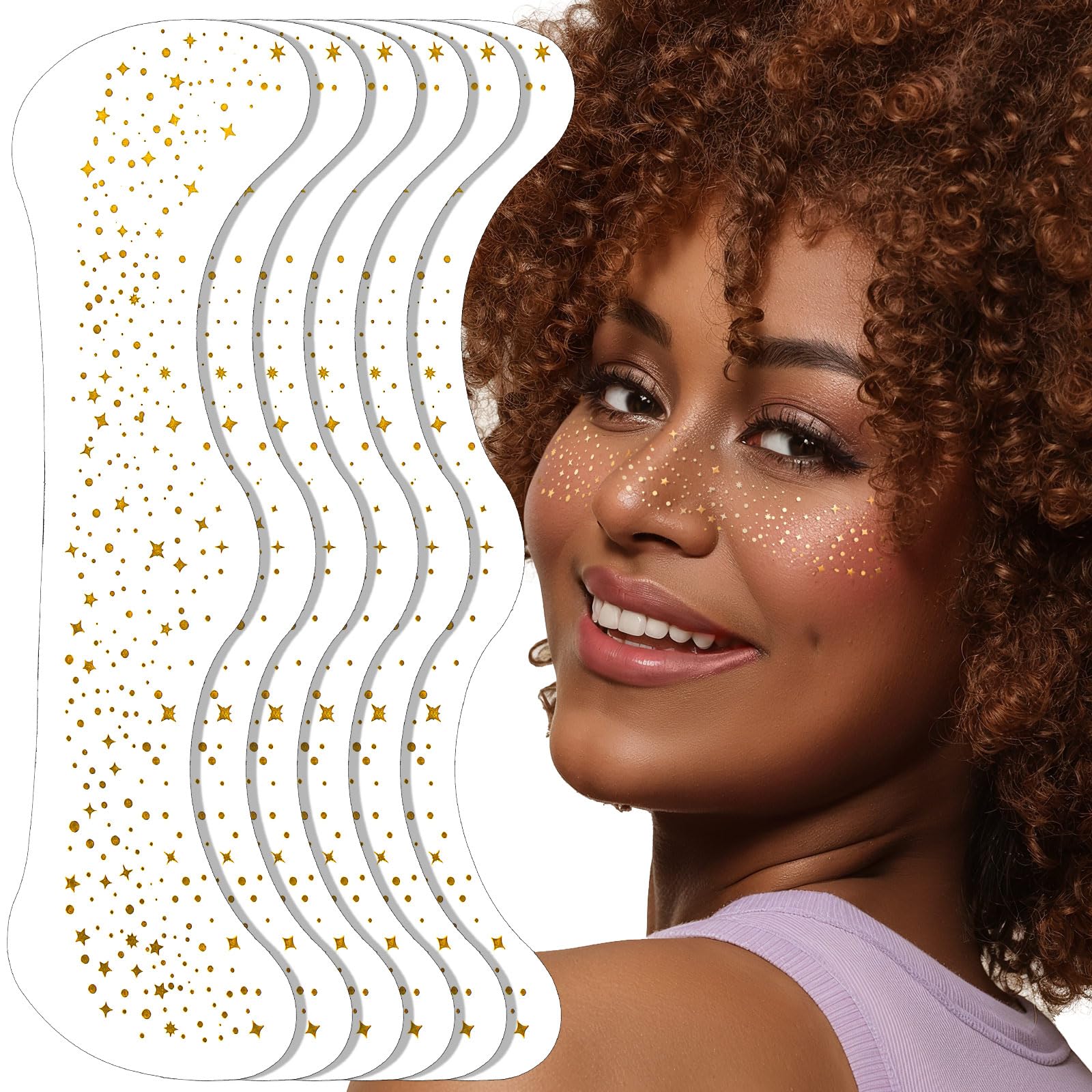 FANDAMEI 6PCS Glitter Freckles Face, Glitter Makeup Speckles. Makeup Patches, Face Speckles for Women, (Gold)