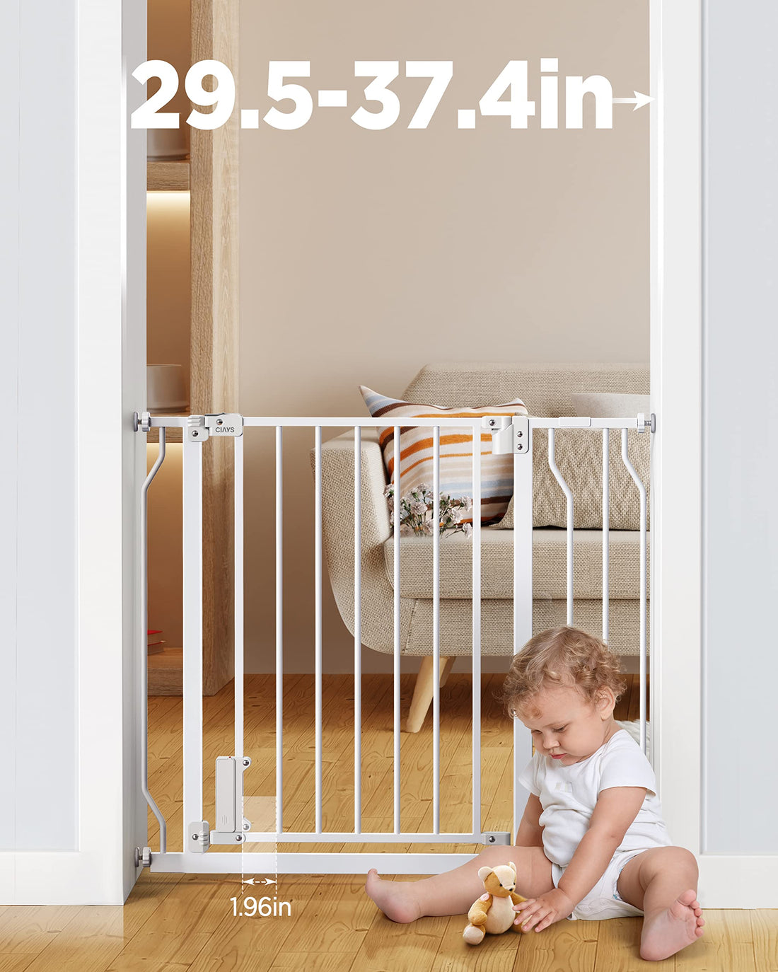 Ciays Baby Gate 29.5” to 37.4”, 30-in Height Extra Wide Dog Gate for Stairs, Doorways and House, Auto-Close Safety Metal Pet Gate for Dogs with Alarm, Pressure Mounted, White